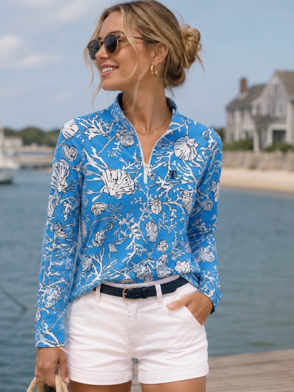 Icikuls Womens Pullover Top UPF S Quarter Zip Blue White Seashell Coral Beach